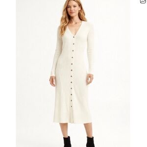 Lucky Brand Ribbed Knit White Beige Creamy Long Sleeve V-neck Midi Dress Sz M